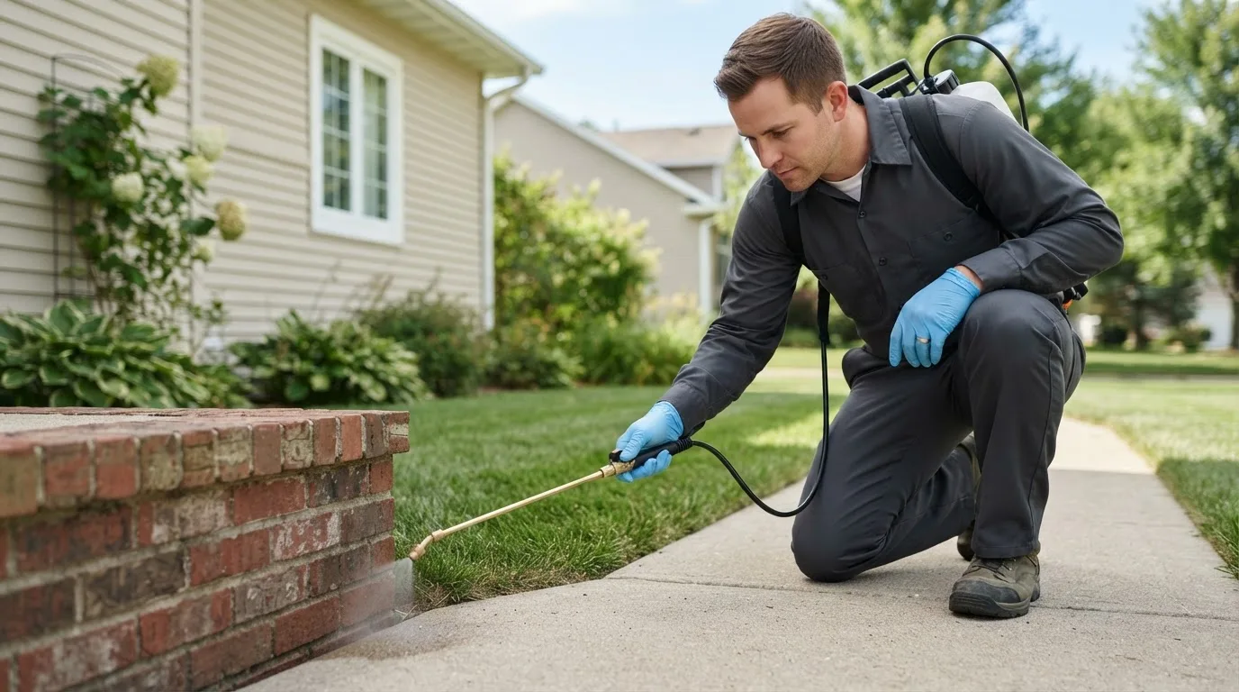 Pest control technician treating a home near Medford, MA