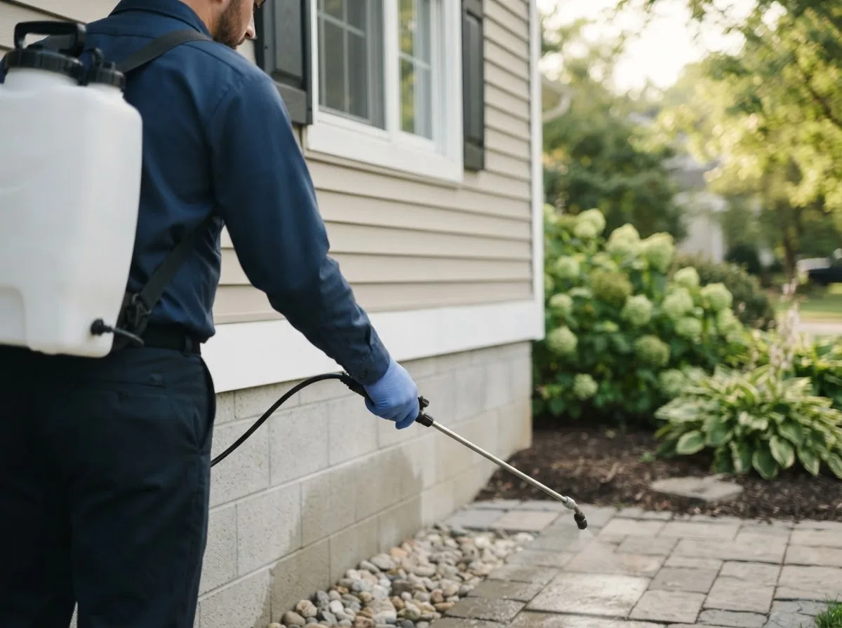 Pest control technician inspecting a home in Medford, MA